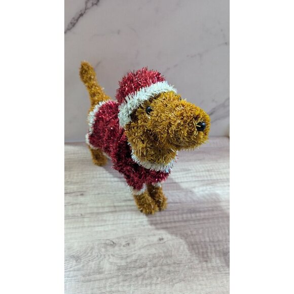 Festive Tinsel Dog With Santa Outfit Christmas Decoration - Picture 9 of 11